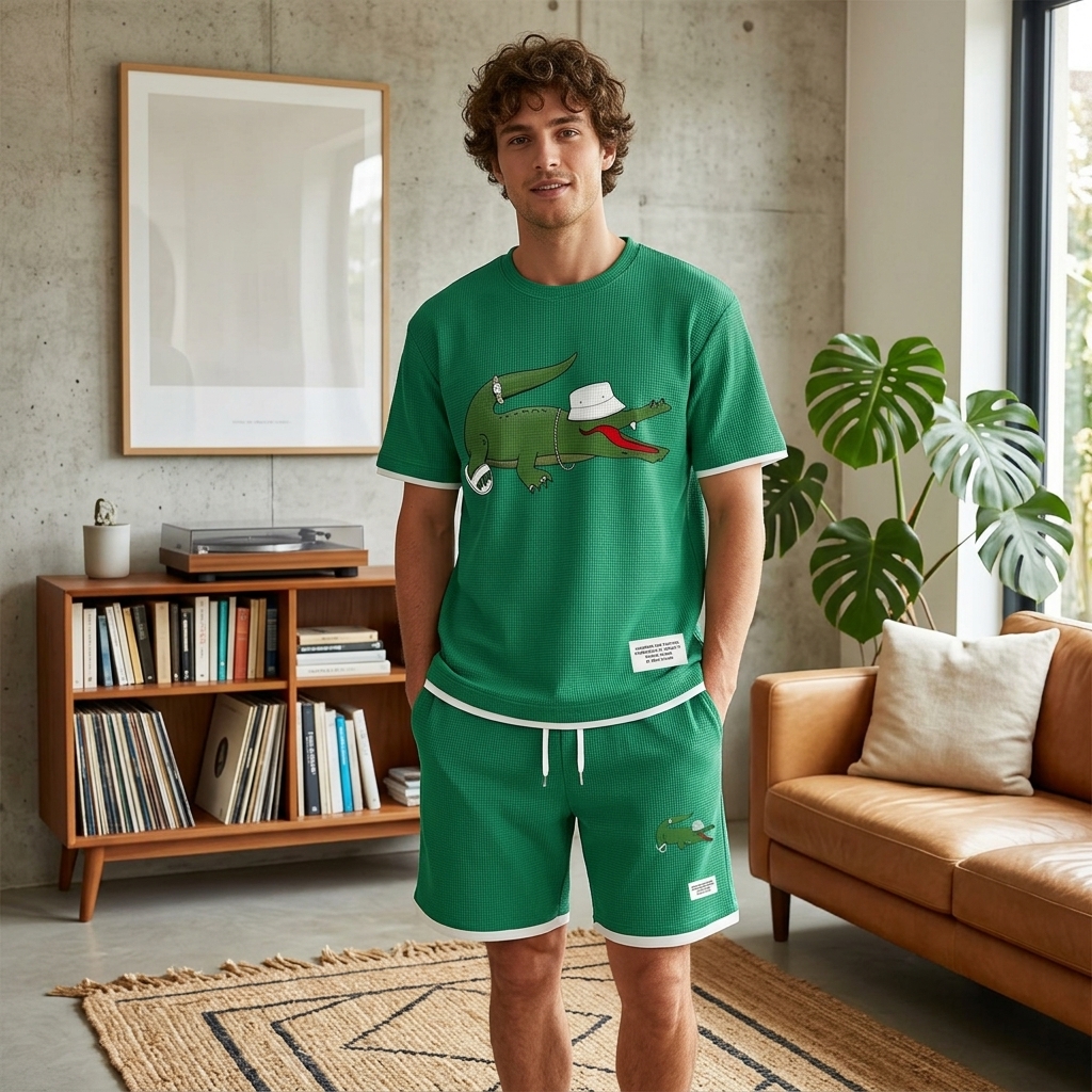 Men’s Waffle Knit 2-Piece Set – Breathable Short Sleeve Tee & Drawstring Shorts Casual Summer Outfit