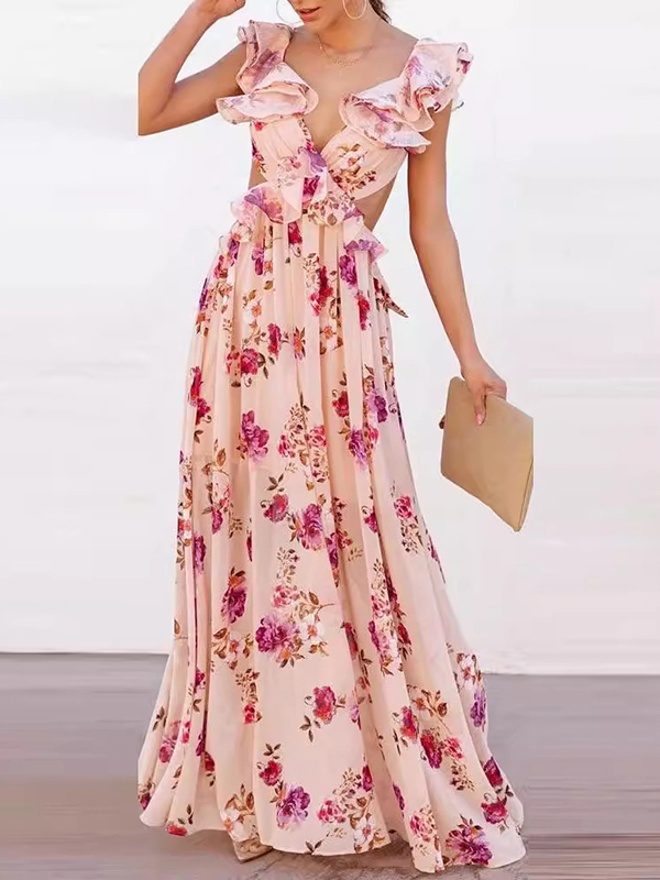 Flower Printed Sleeveless V-Neck Ruffled Elegant Backless Maxi Dresses