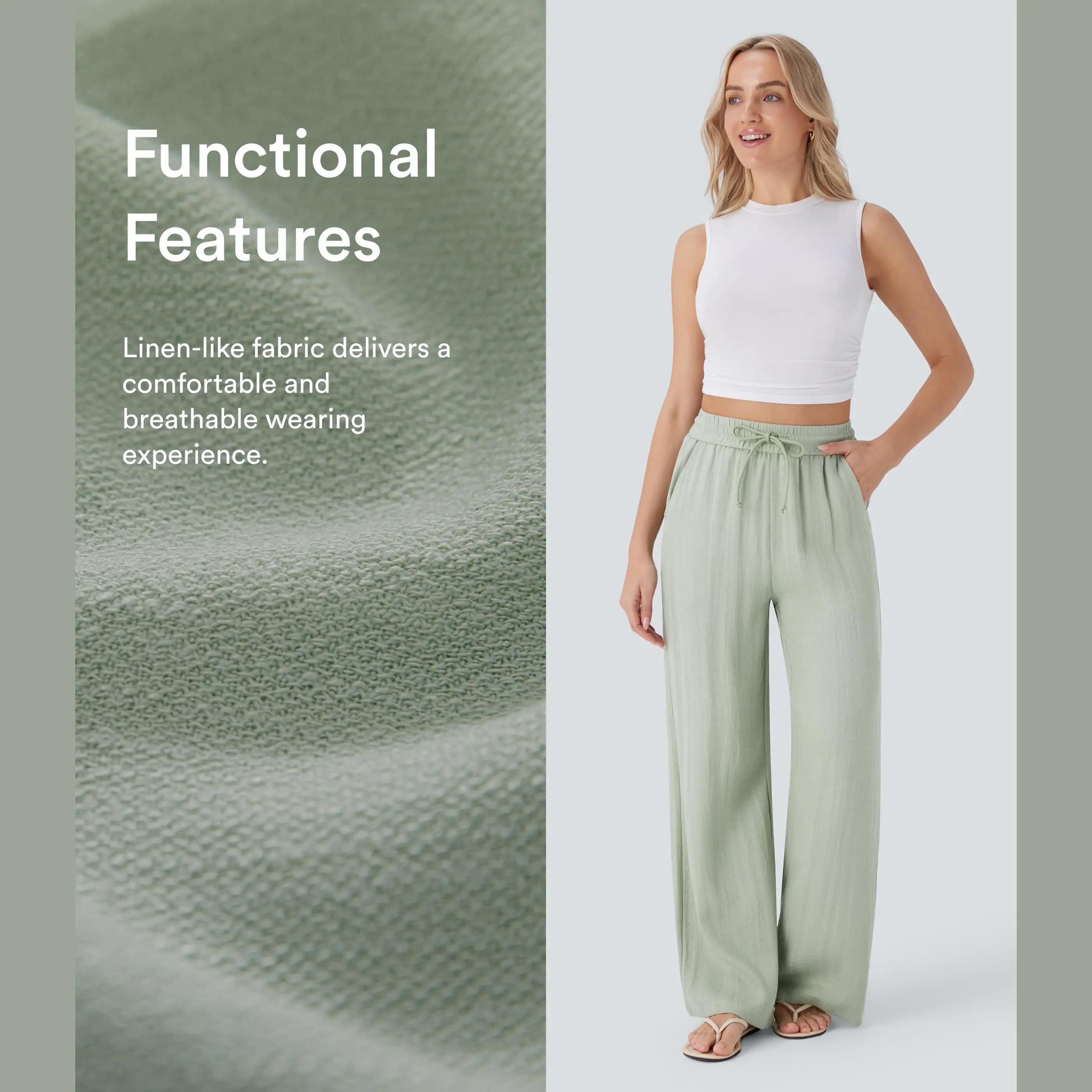 High Waisted Drawstring Pocket Wide Leg Casual Linen-Feel Pants