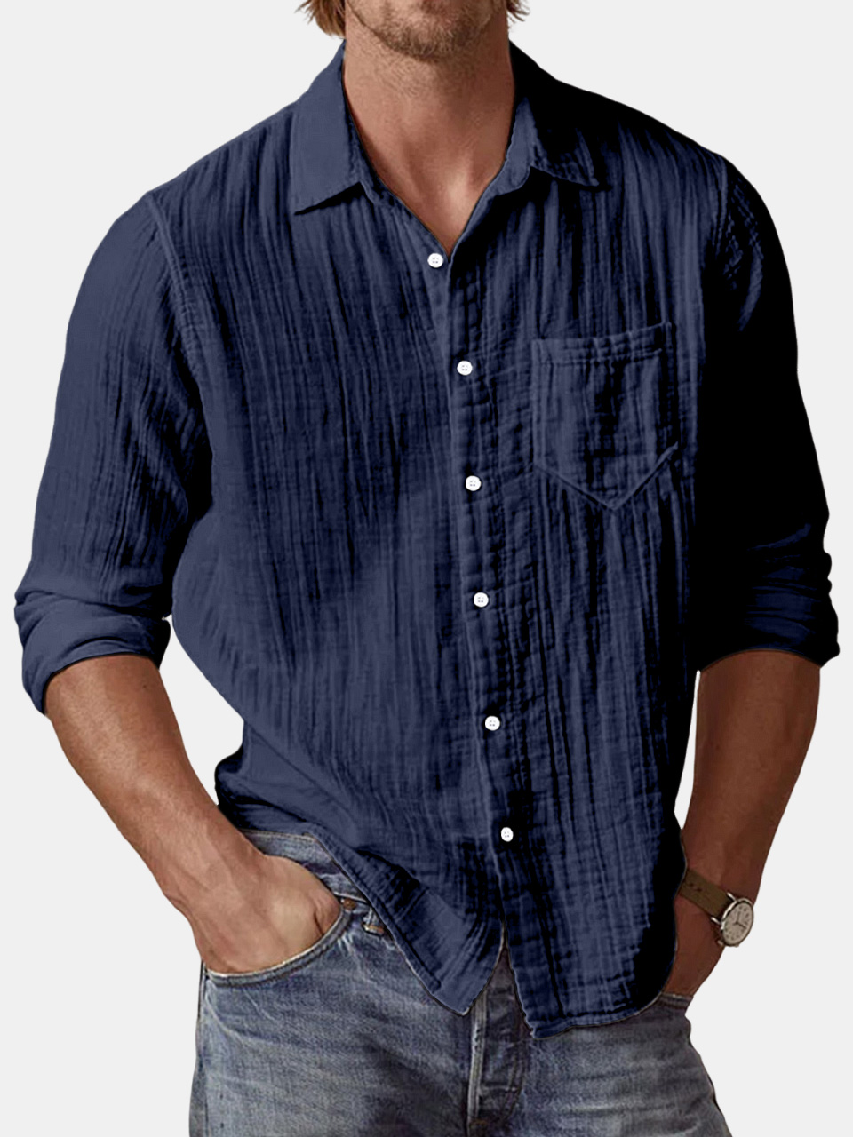 Men's Casual Textured Solid Color Comfortable Puff Wrinkle Long Sleeve Shirt