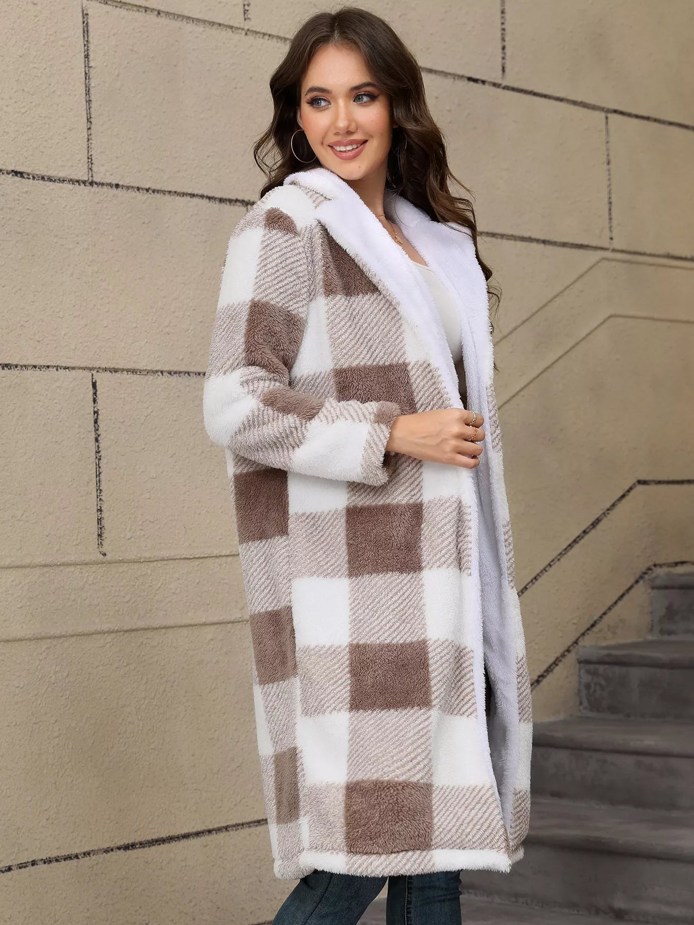Cozy Plaid Fleece Longline Winter Coat