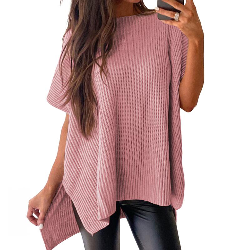 Women’s Oversized Ribbed Knit Top – Crew Neck Short Sleeve Pullover with Side Slit