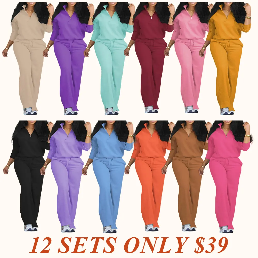 Women's Solid Half Placket Split Hem Pants Set