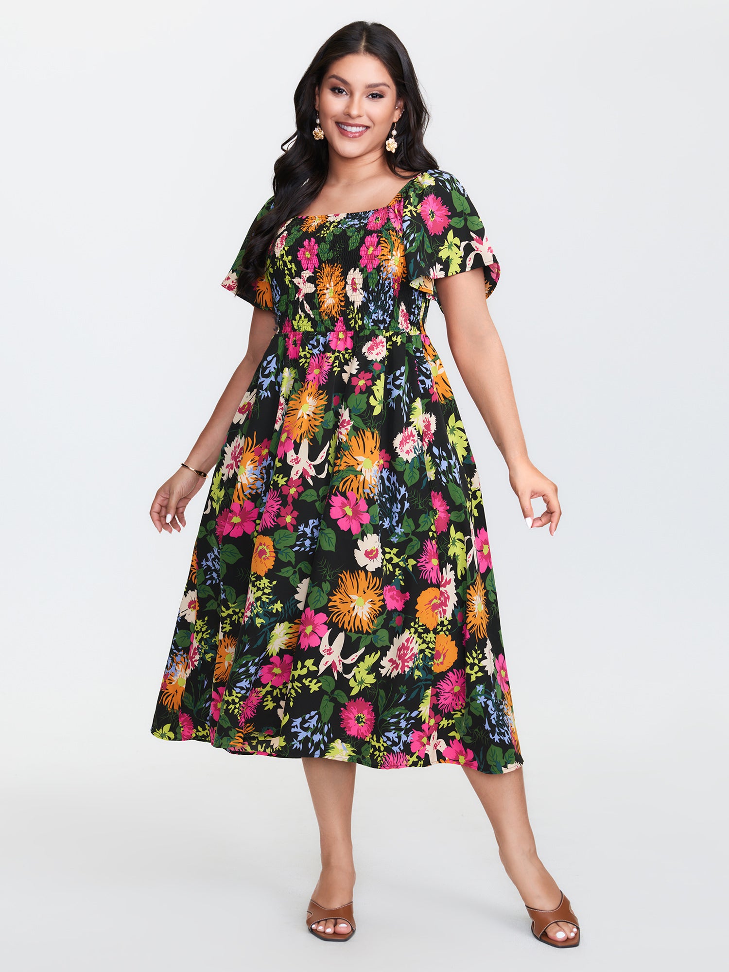Floral Shirred Square Neck Pocket Midi Dress