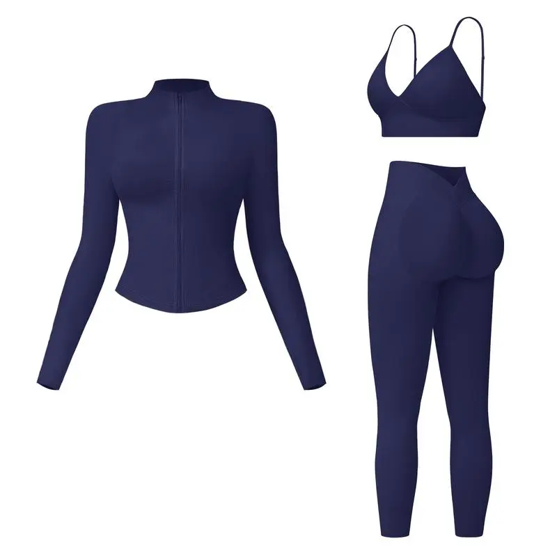 Women's Solid Criss Cross Crop Tank Top & High Waist Leggings & Zip Up Crop Jacket Tracksuit Set
