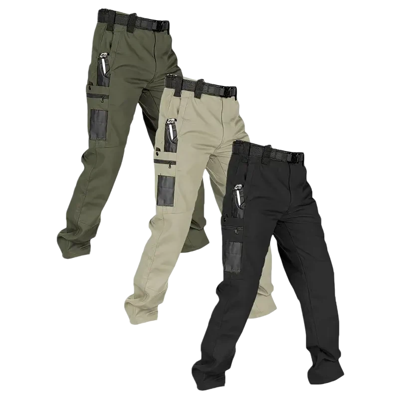 Men's Solid Color Waterproof Tactical Work Pants - 3-Piece Set, Belt-Free, Multi-Pocket, Durable Outdoor Hiking & Casual Pants (Regular Fit)