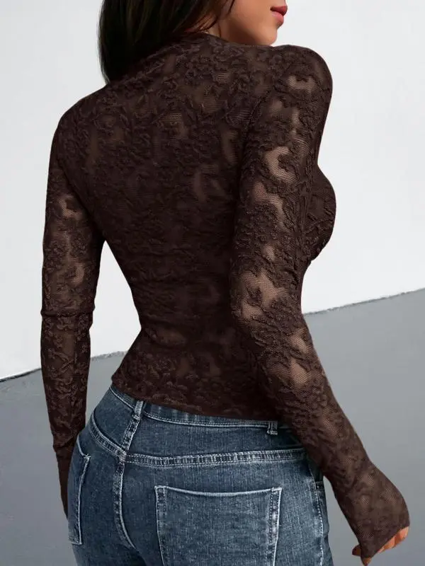 Mesh Long Sleeve Tops for Women Lace Sexy Sheer Tight See Through Crew Neck