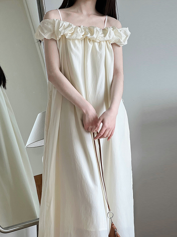 Elasticity Pleated Solid Color Split-Joint Loose Sleeveless Off-The-Shoulder Maxi Dresses