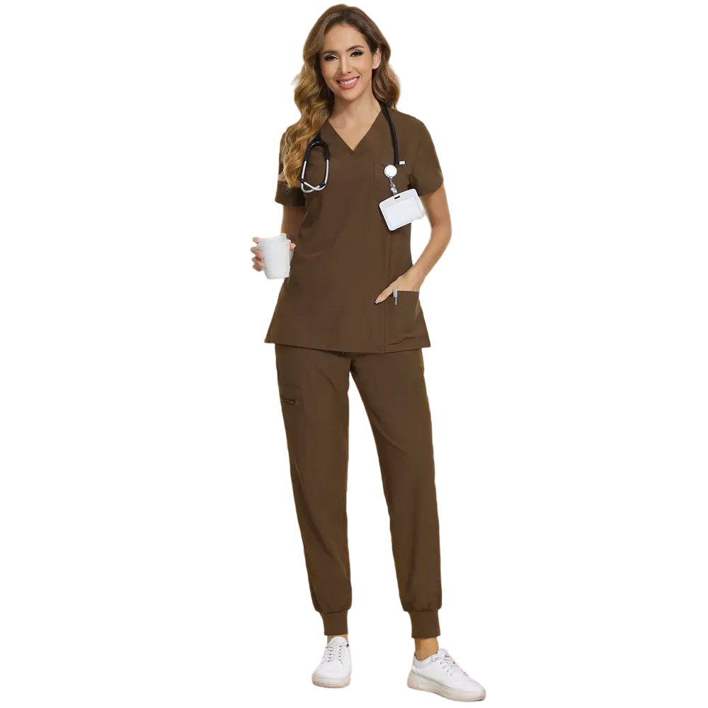 Women Stretch V-Neck Scrub Top & Jogger Pant Set   with 8 Pockets