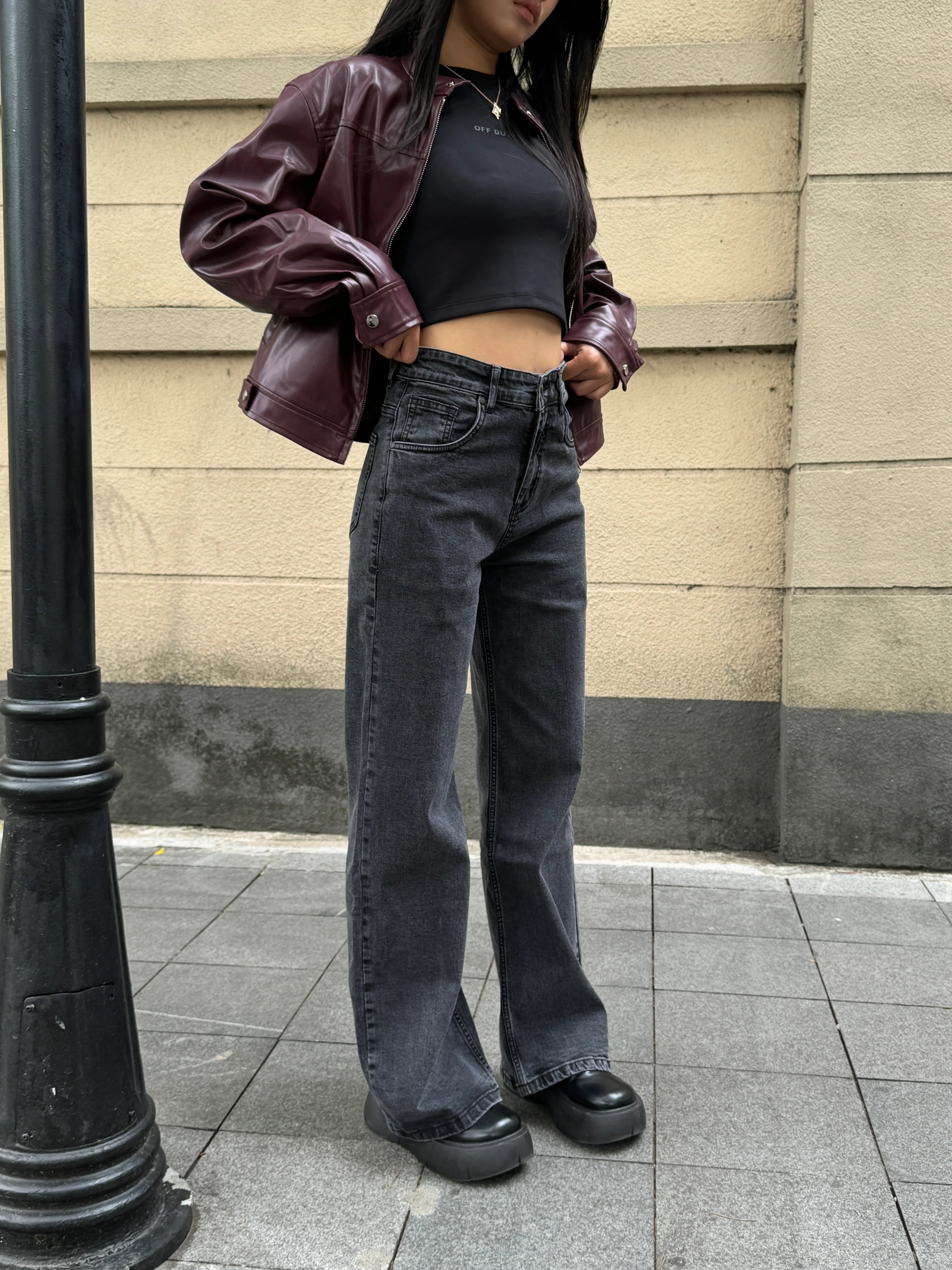 Charcoal Wide Leg High Rise Jeans