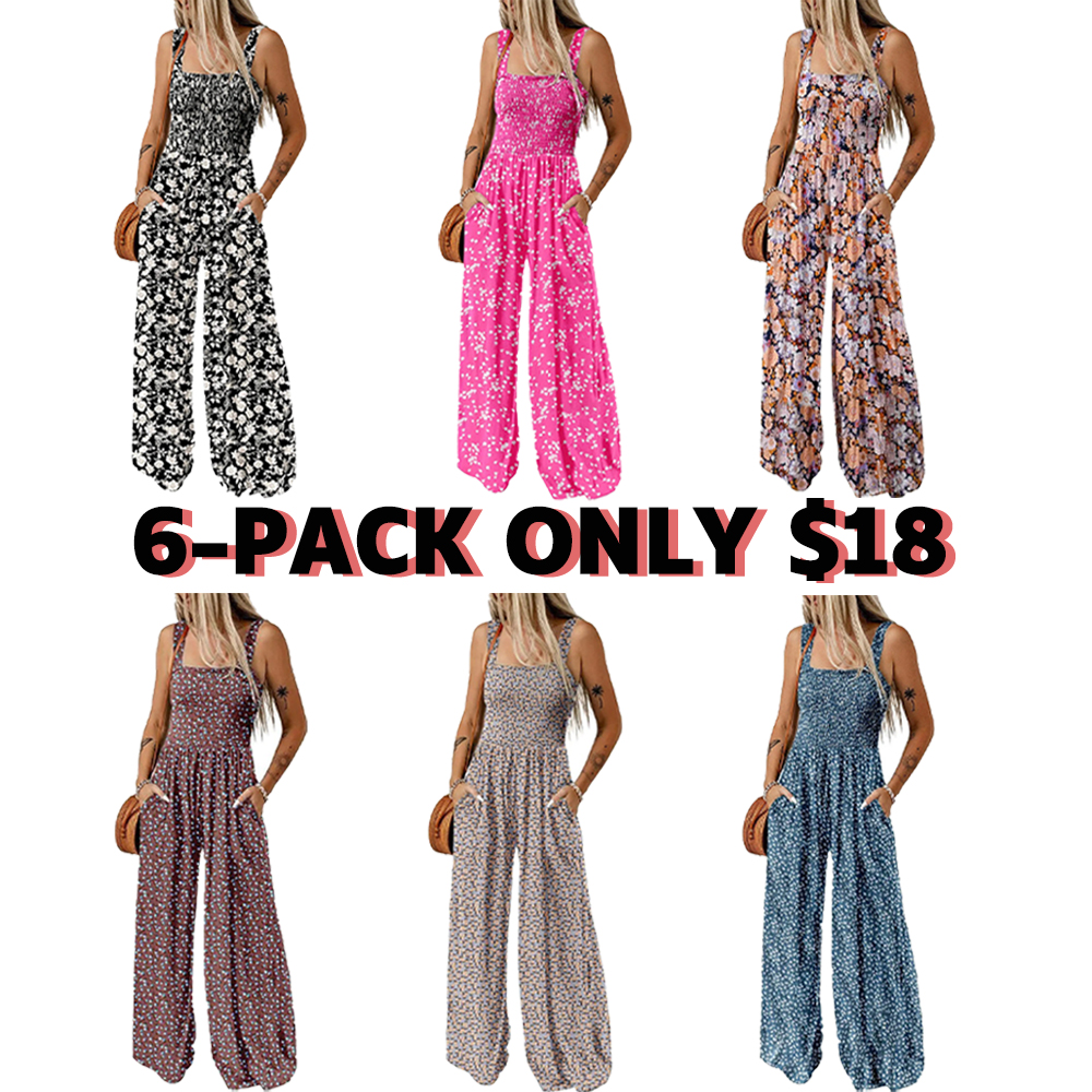 Women's Casual Loose Overalls Jumpsuits One Piece Sleeveless Printed Wide Leg Long Pant Rompers With Pockets