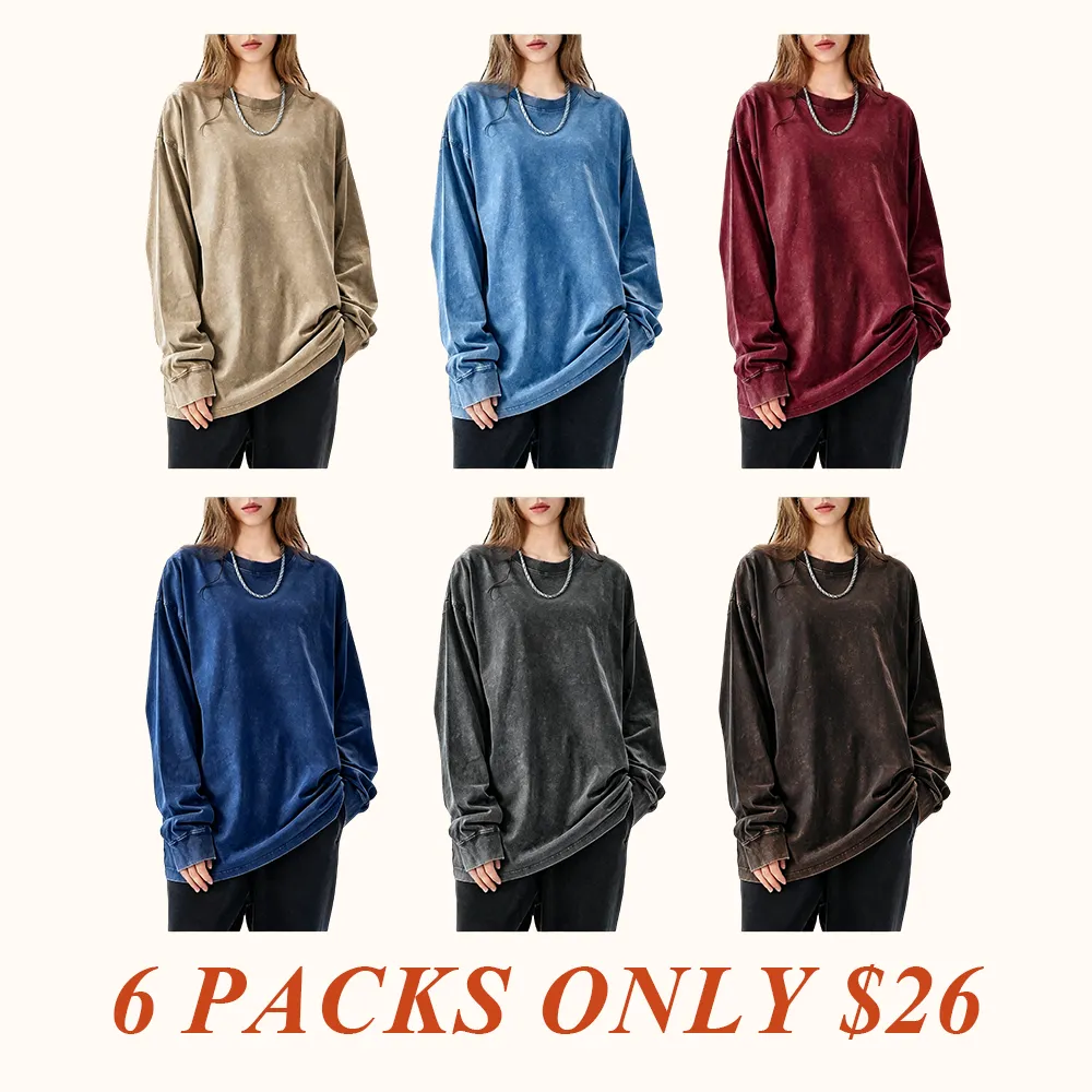 Oversized T-Shirts for Women And Men Cotton Long Sleeve Vintage Acid Wash Baggy T Shirts
