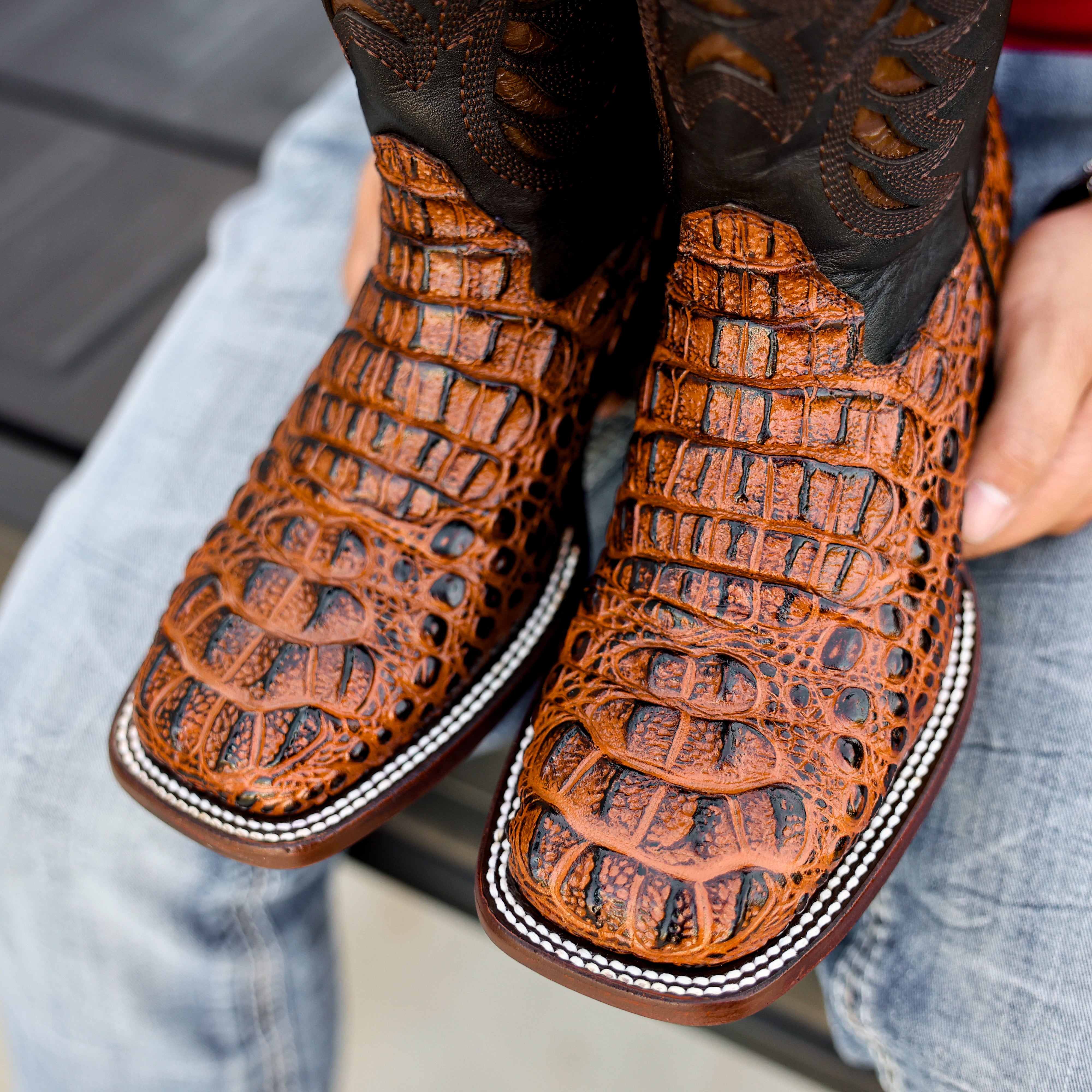 Cognac Caiman Neck Leather Boots - Square Toe