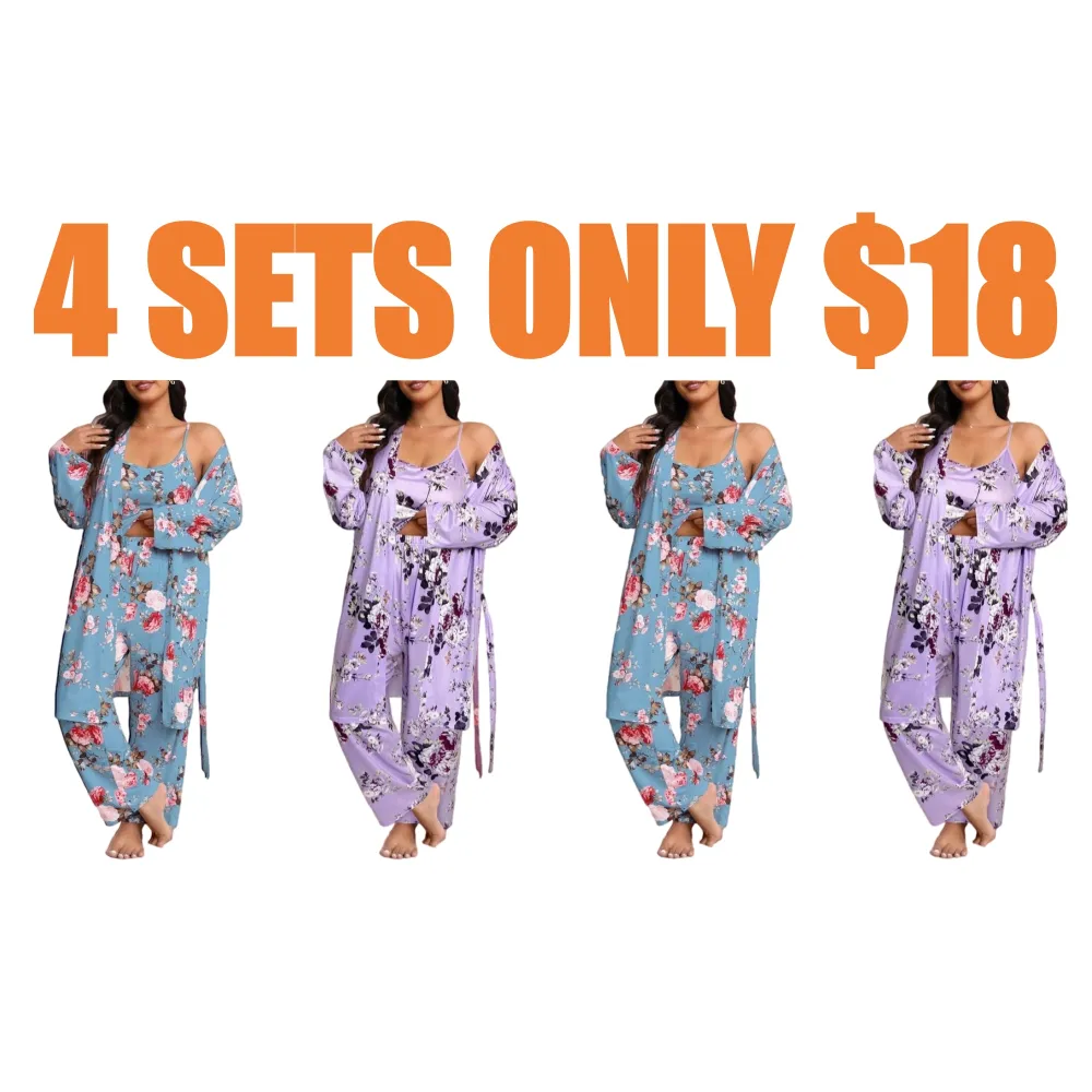 3-Piece Set Floral Print Belted Lounge Robe & Cami Top & Elastic