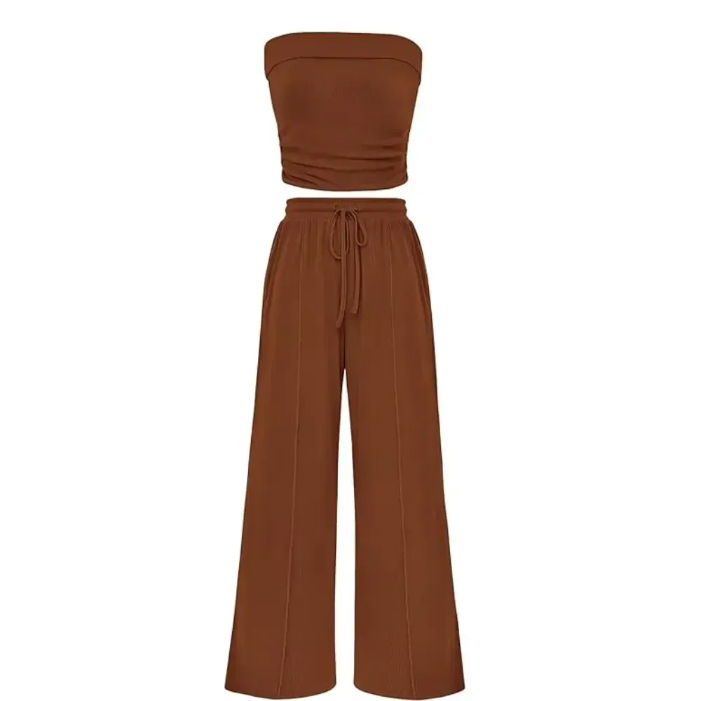 Womens Summer Outfits 2 Piece Sets Casual Ribbed Knit Crop Tube Top Wide Leg Pants