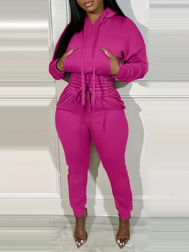 Womens 2 Piece Outfits Lounge Hoodie Shirred Waist Pocket Design Sweatshirt