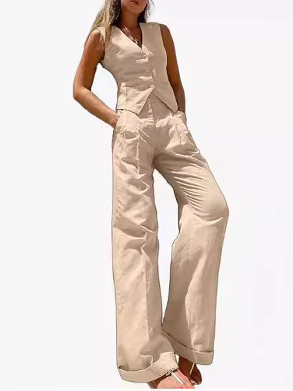 V-Neck Vest Loose Sleeveless Buttoned Solid Color Top + Split-Joint Pleated Pockets Pants Bottom Two Pieces Set