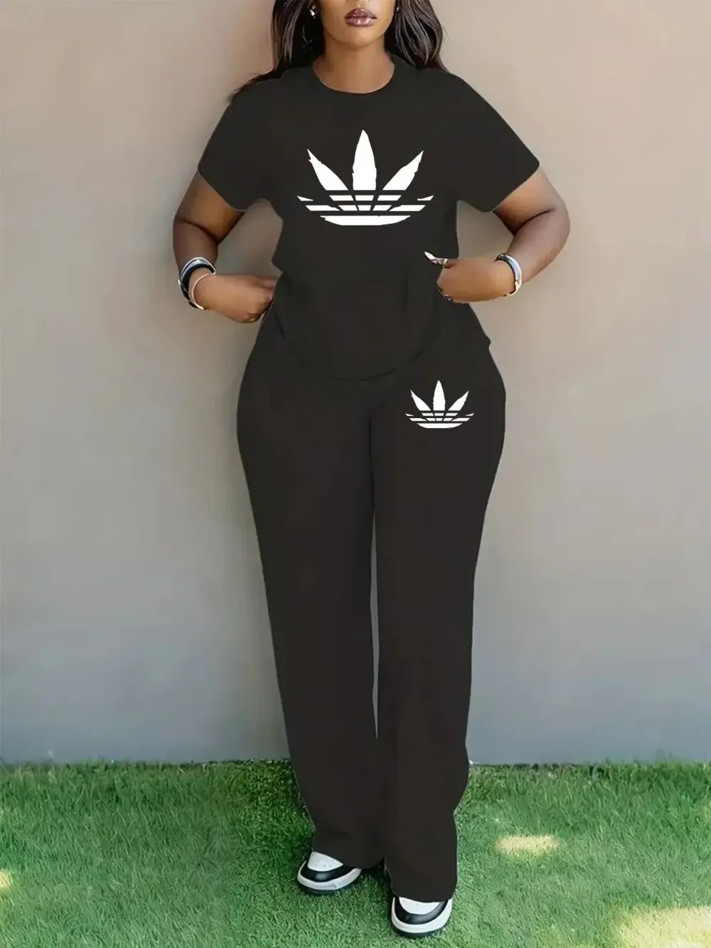 Women's Plus Size Spring Summer Fashion Print Round Neck Short Sleeve T-Shirt & Wide Leg Pants Two-Piece Set