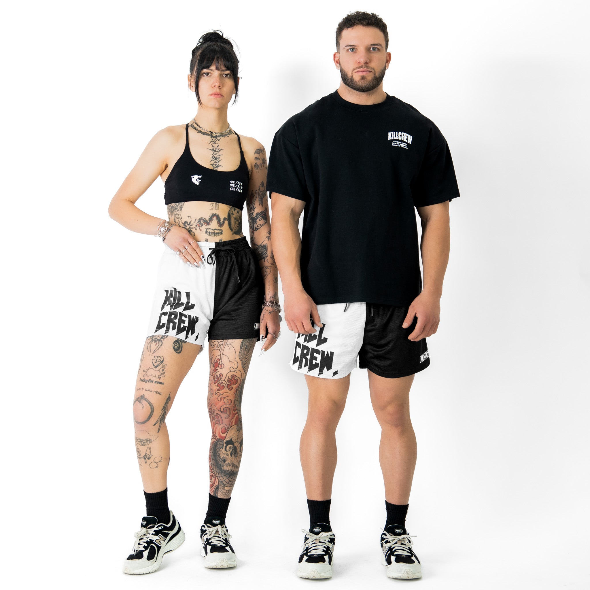 MUAY THAI SHORTS (MID THIGH CUT) 2 TONE - BLACK / WHITE