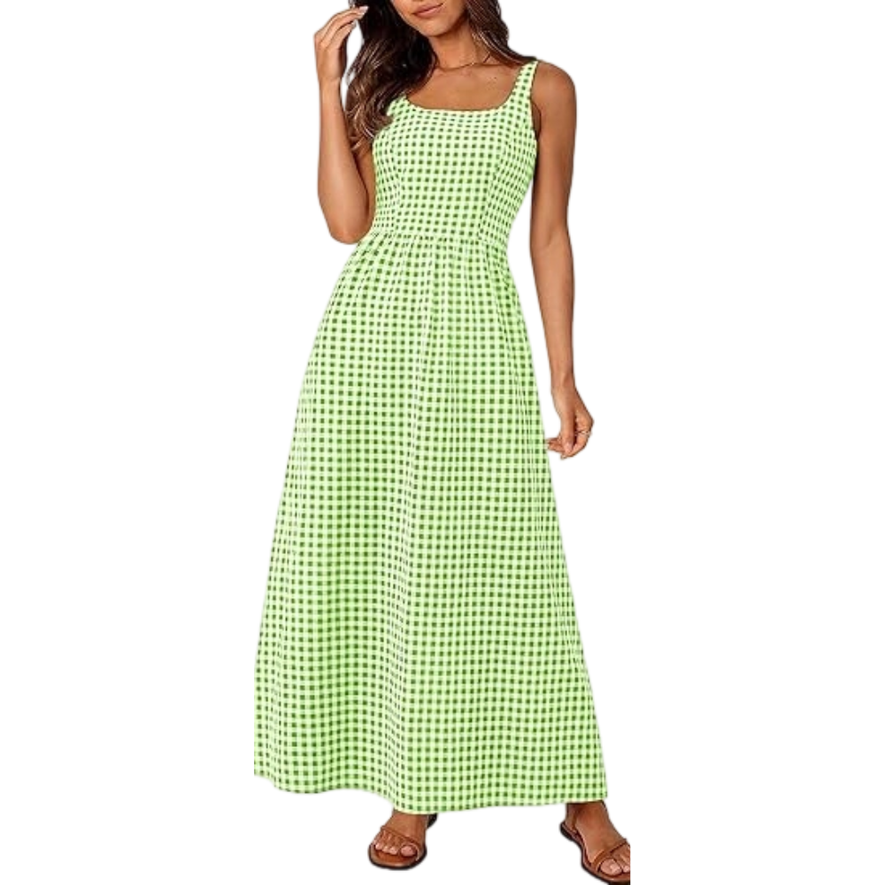 Women's Plaid Square Neck Maxi Dress, Spaghetti Strap A-Line Casual Beach Sundress