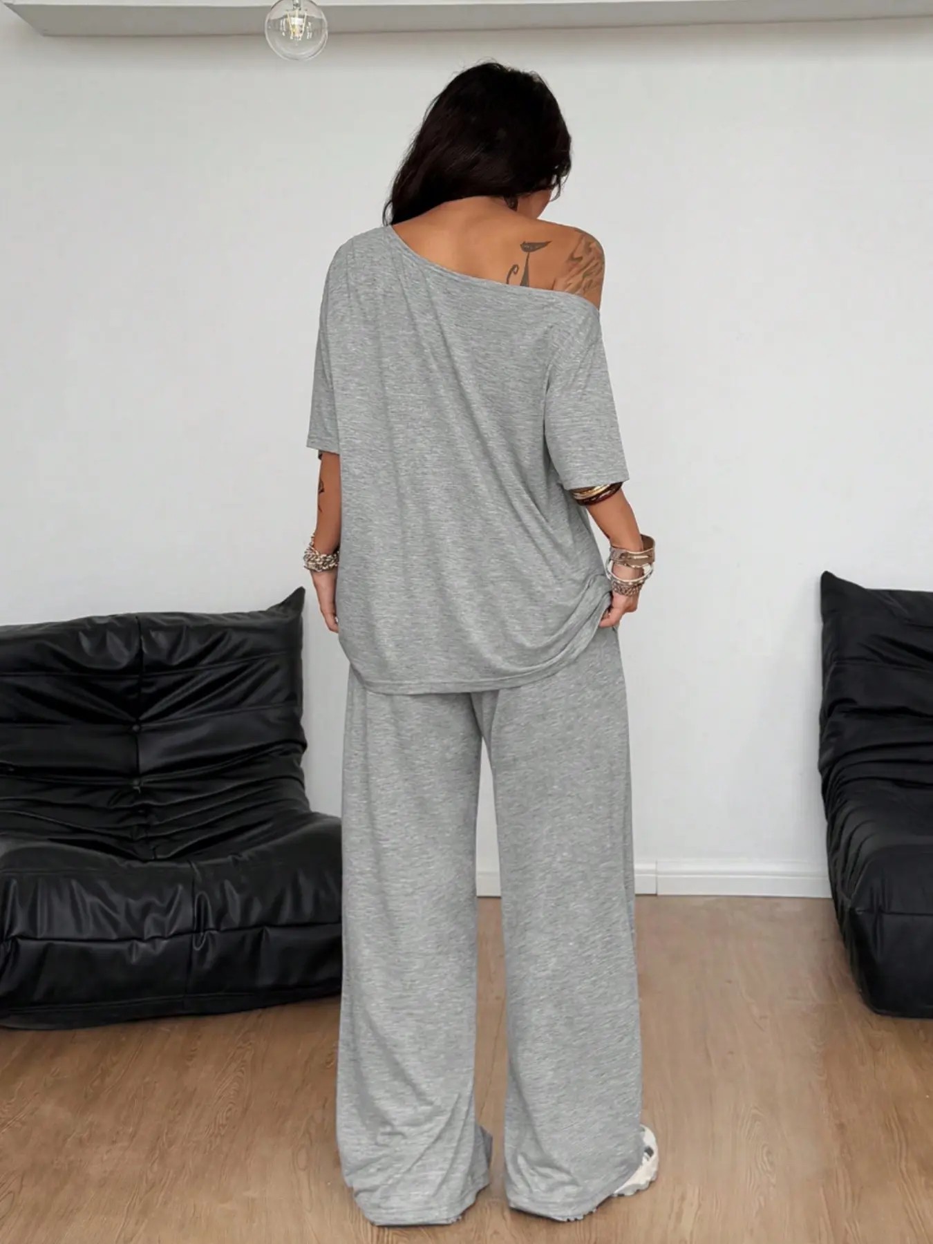 Women's Minimalist Basic Daily Wear Going Out Sport Comfortable Off Shoulder T-Shirt And Wide Leg Pants Two Pieces Outfits