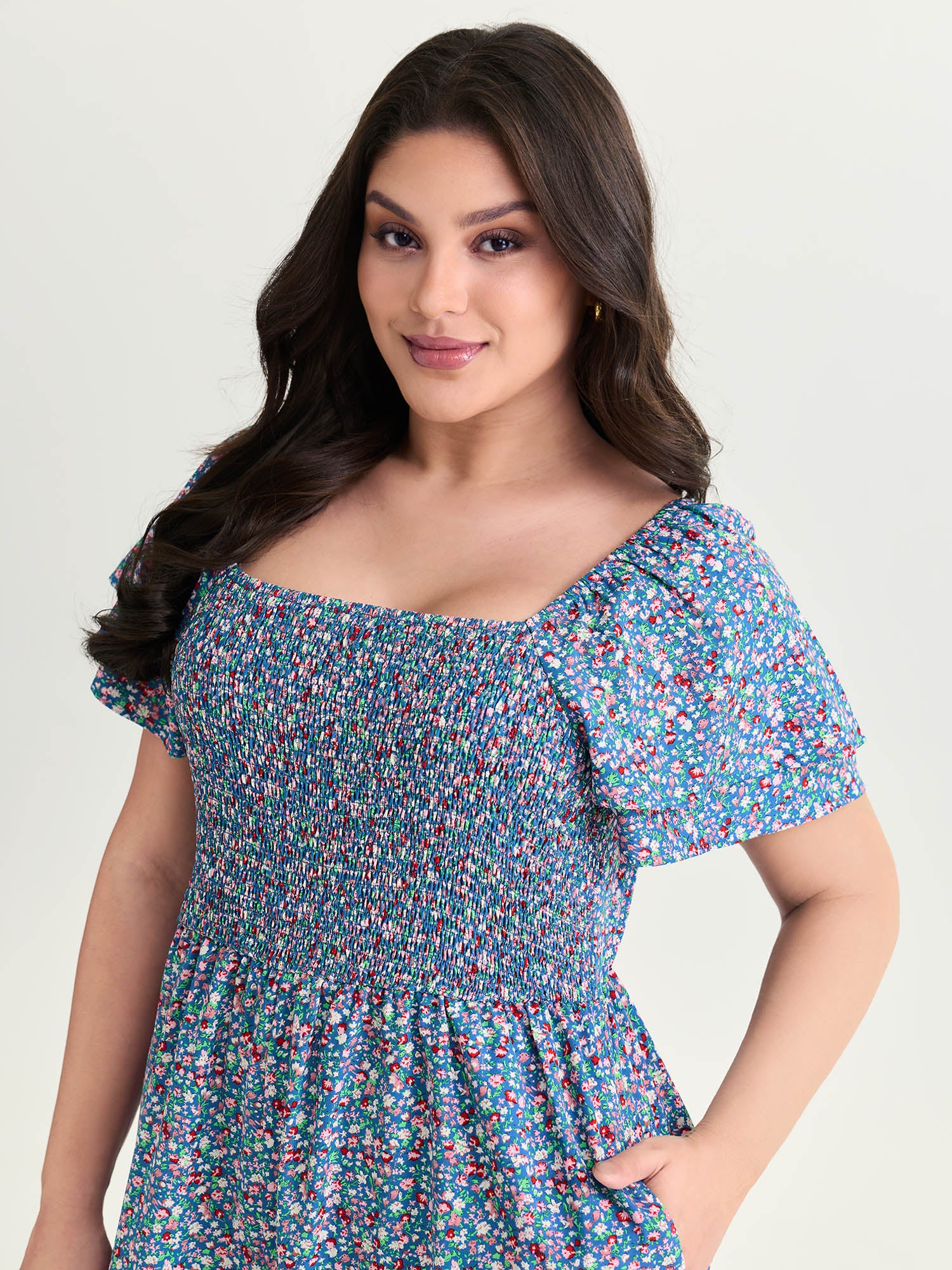 Micro Floral Print Shirred Jumpsuit