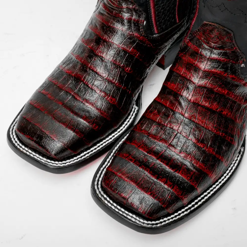 Black Cherry Caiman Belly Leather Boots - Square Toe