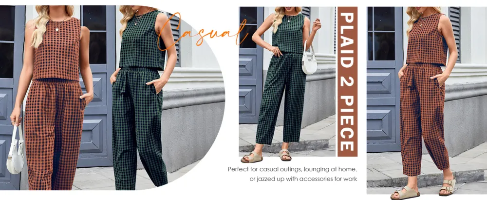 Women's Plaid Print Tank Top & Pants Two-piece Set