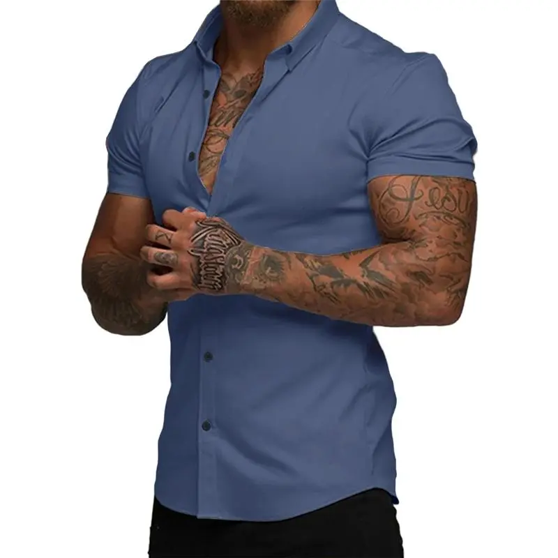 Mens Muscle Fit Dress Shirts Casual Button Down Shirt Short Sleeve Wrinkle-Free Shirts