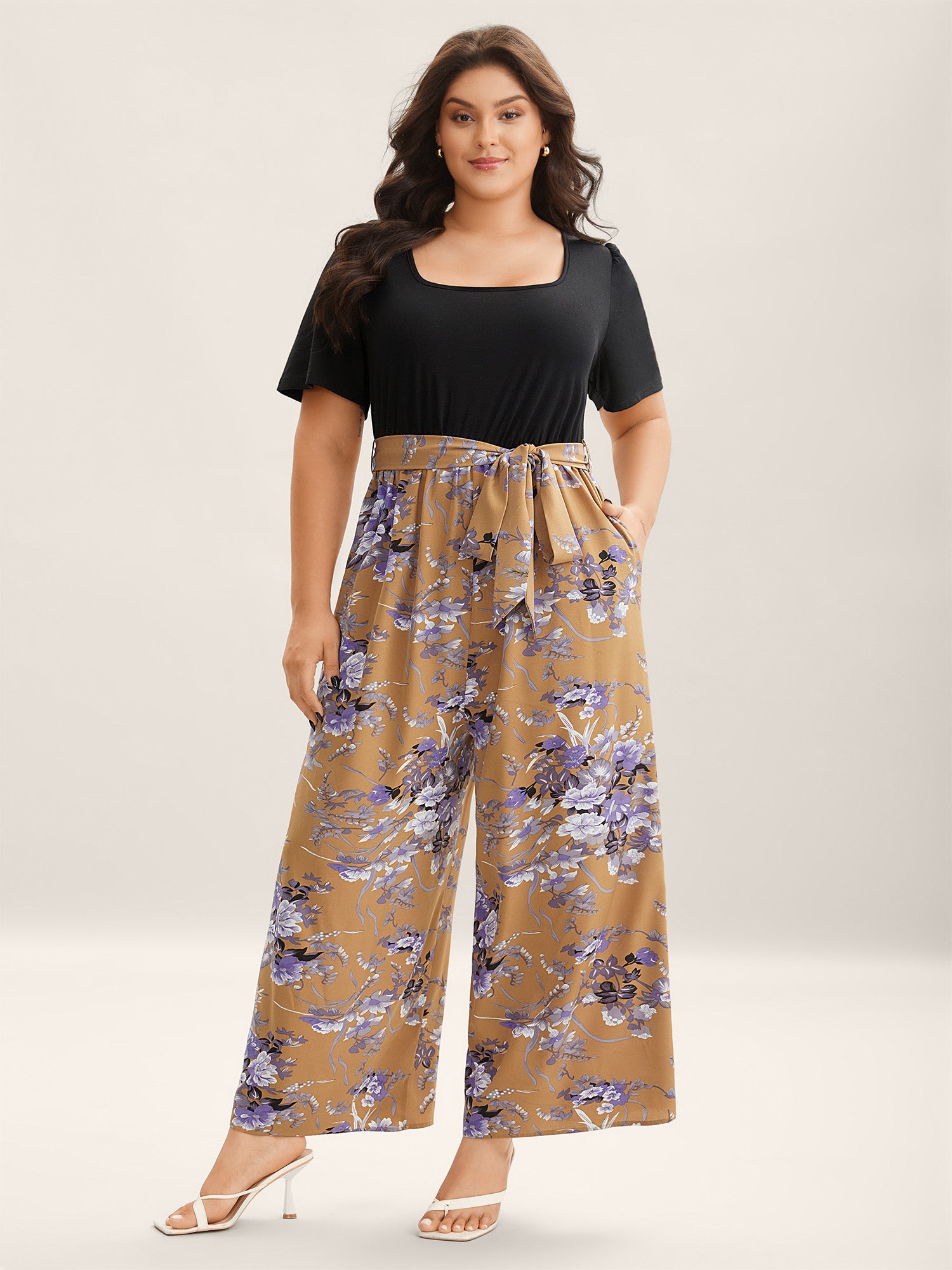 Color Contrast Belted Panel Pockets Jumpsuit