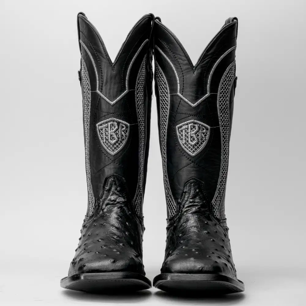 Black Ostrich Leather Boots - Square Toe