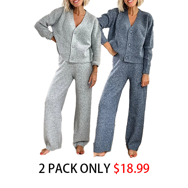 Last day discount- 50% OFF Solid Textured Knit Button Cardigan & Pants Set