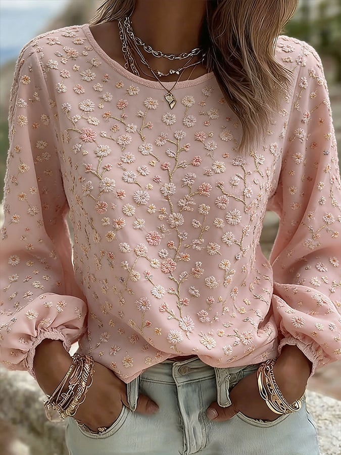 Women's Floral Cotton Linen Round Neck Comfortable Printed Top- Fast Shipping