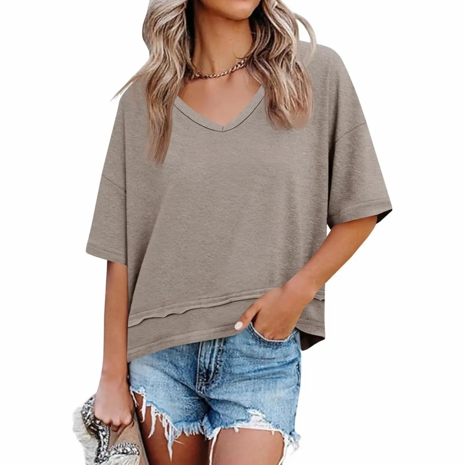 Women's V Neck Flowy Short Sleeve Tee – Casual Loose Fit Basic Top