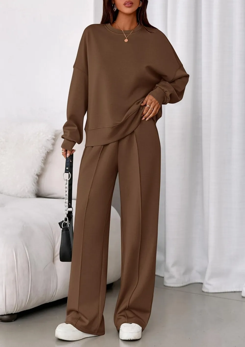 2 Piece Sets For Women Fall Trendy Long Sleeve Sweatshirt Wide Leg Pants Loungewear Set