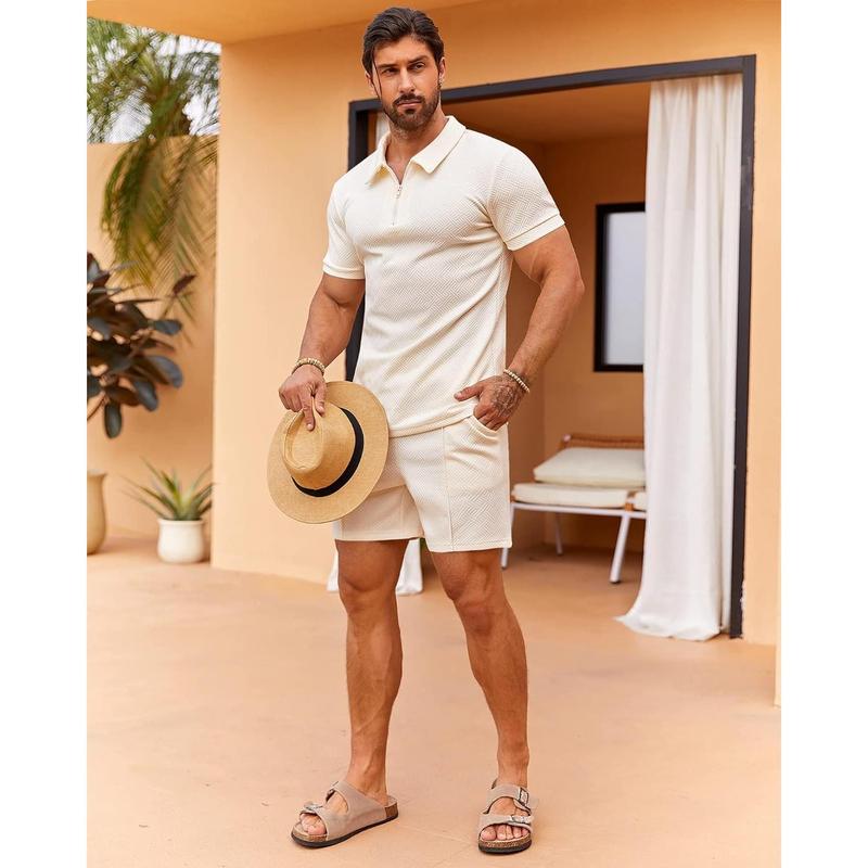 Men’s Textured Polo & Shorts 2-Piece Summer Set
