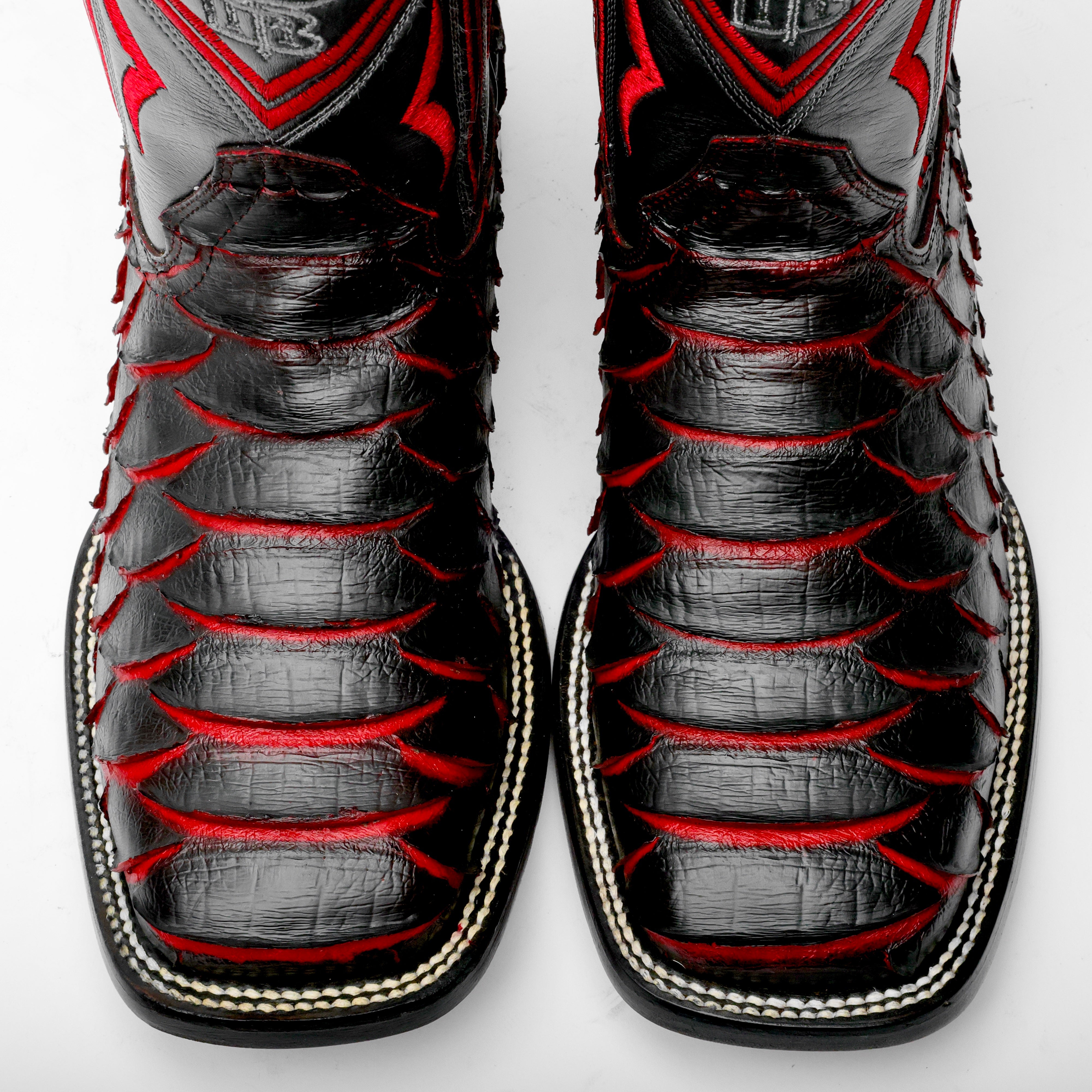 Black/Red Jumbo Python Leather Boots - Square Toe