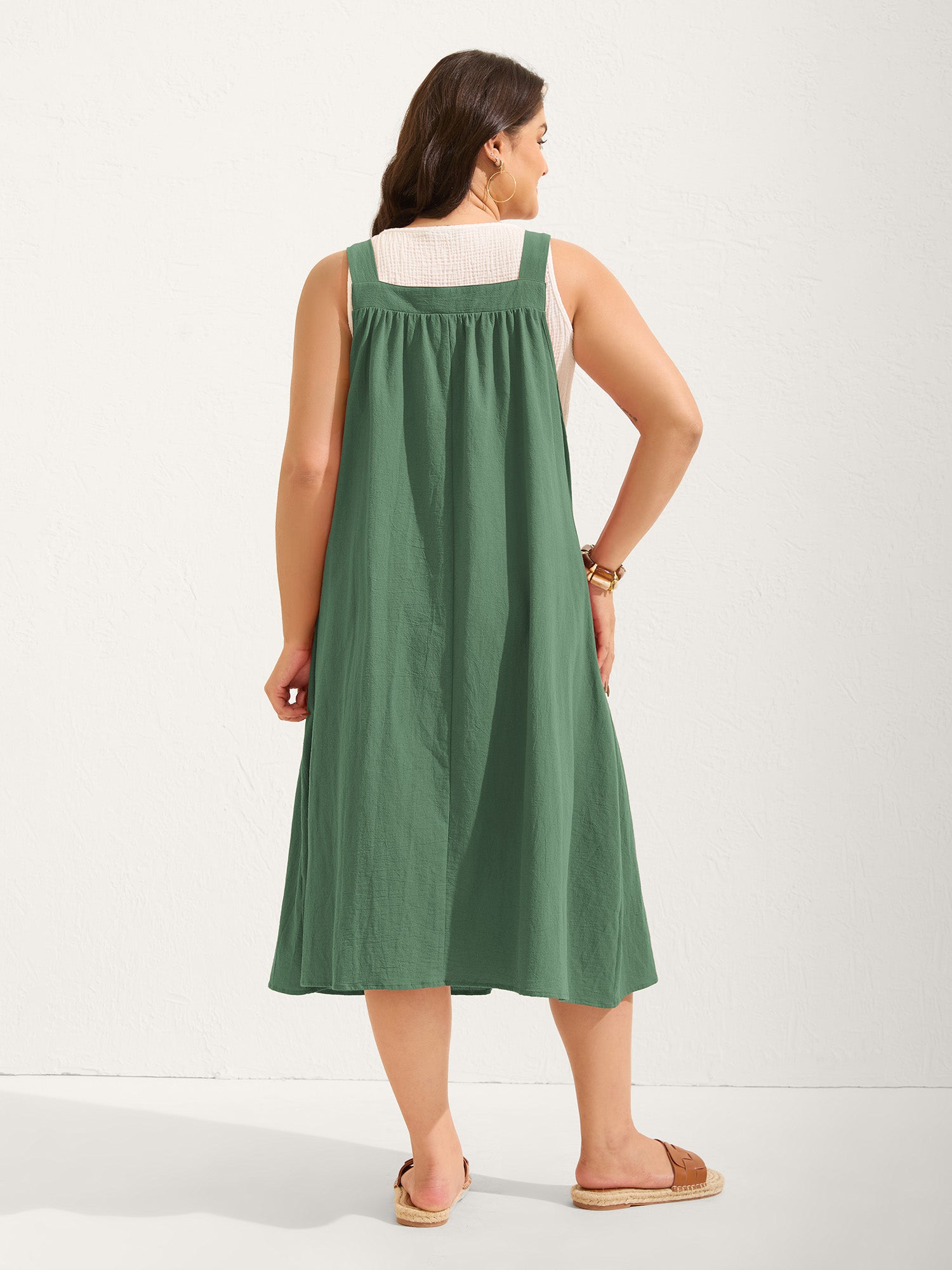 Pure Cotton Pleated Pockets Midi Dress