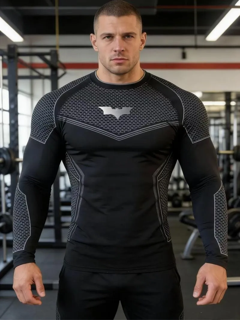 Men's Batman Sports Long Sleeve High Stretch Quick-Dry Fitness Tight Fit Running Ironing Essential