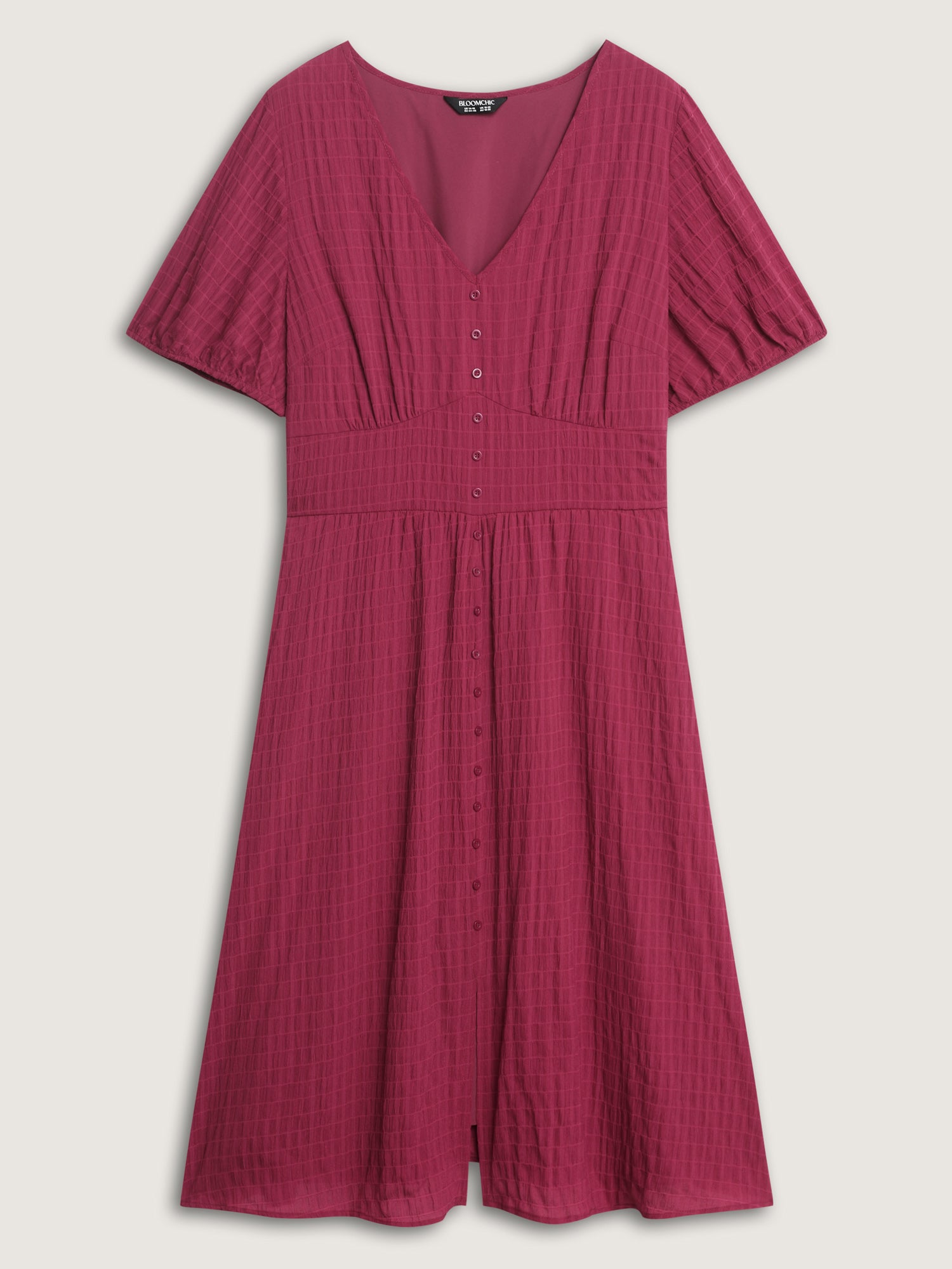 Textured Shirred Cinched-Waist Midi Dress