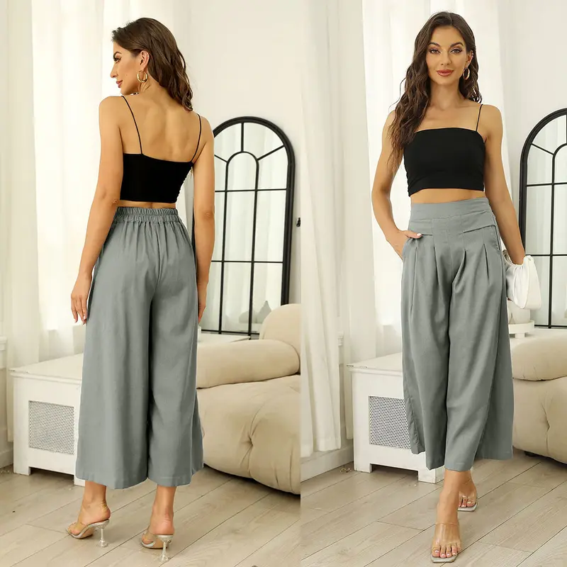 Women's Cotton-Linen Wide-Leg Pants — Elastic Waist, Wide-Leg Trousers & Capris (With Pockets)