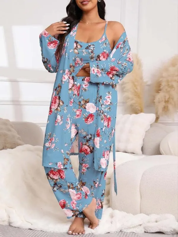 3-Piece Set Floral Print Belted Lounge Robe & Cami Top & Elastic