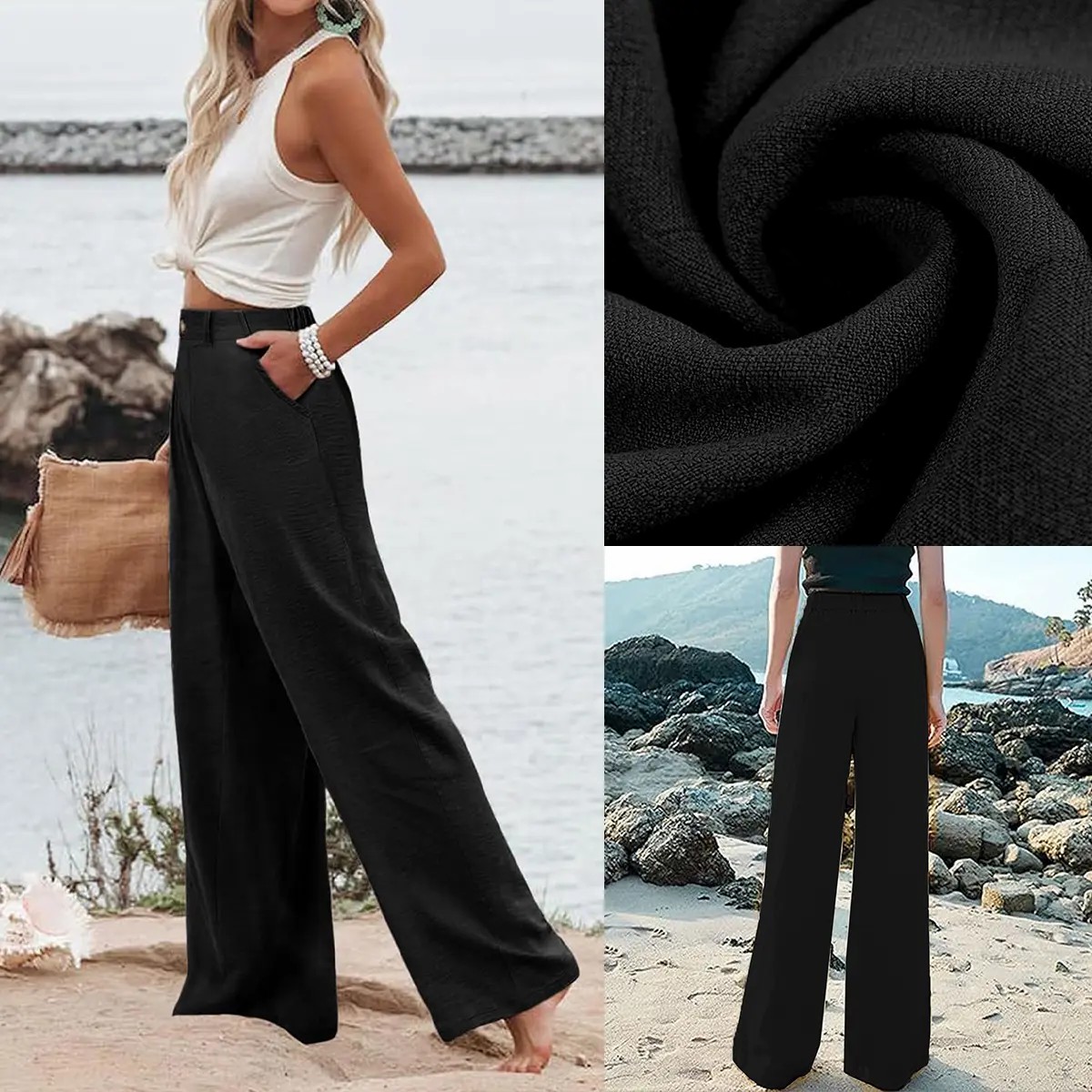Women's High Waisted Wide Leg Linen Pants – Casual Button Up Cotton Trousers