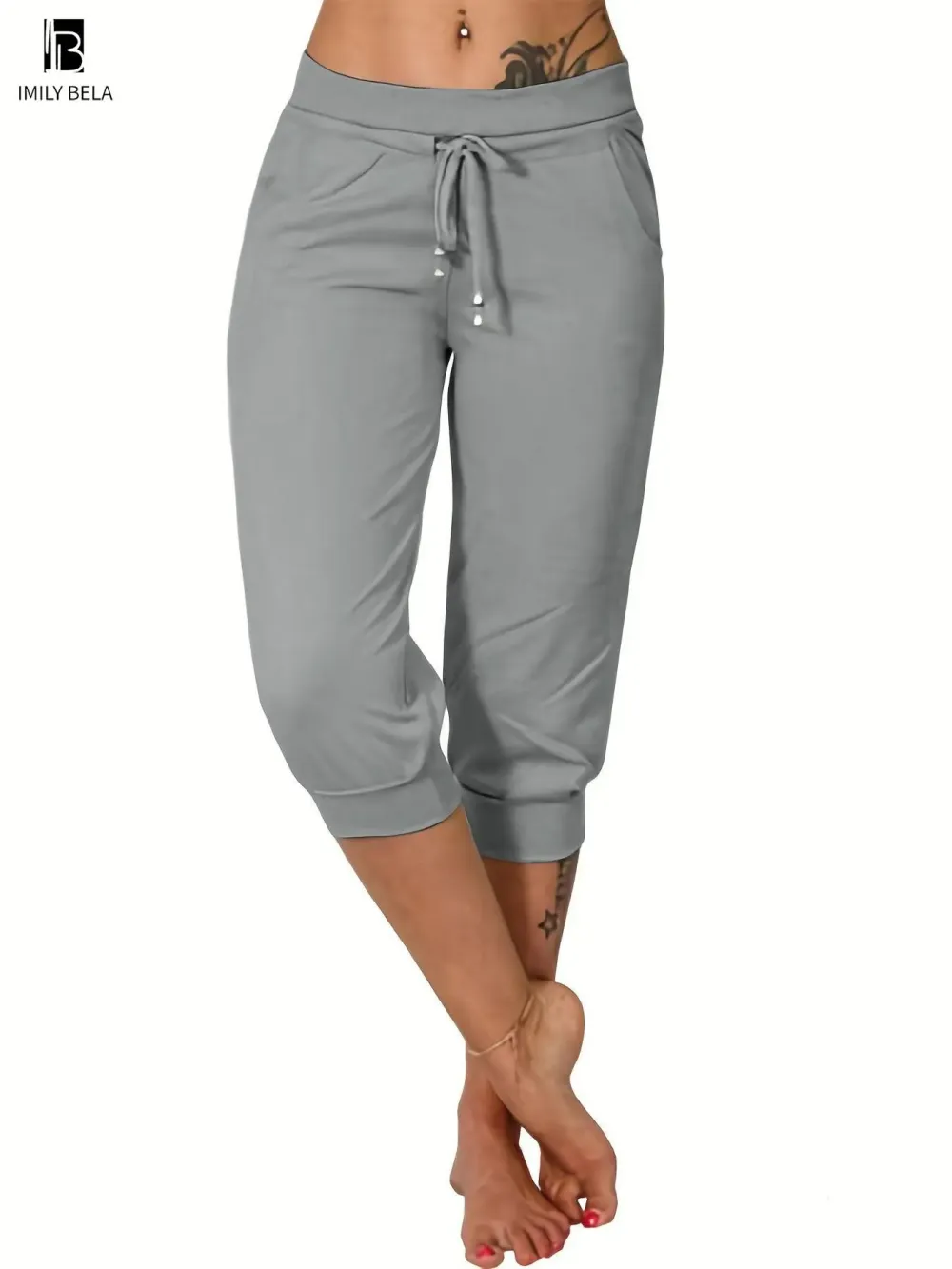 Women's Solid-Color Cropped Pants with Drawstring Waist — Casual Everyday Trousers with Pockets
