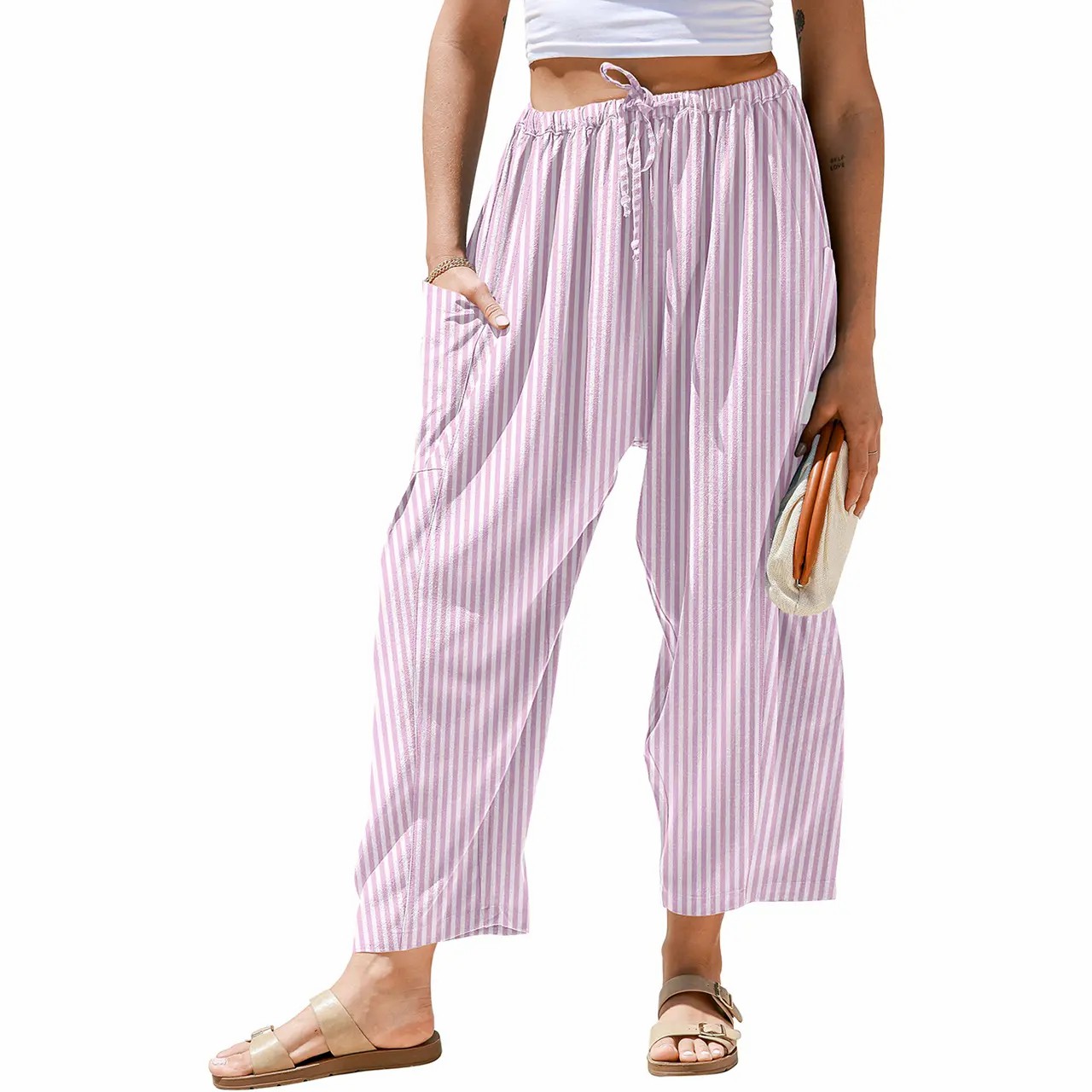 Women's Gingham Striped Wide Leg Pants – Low Waist Drawstring Palazzo with Pockets