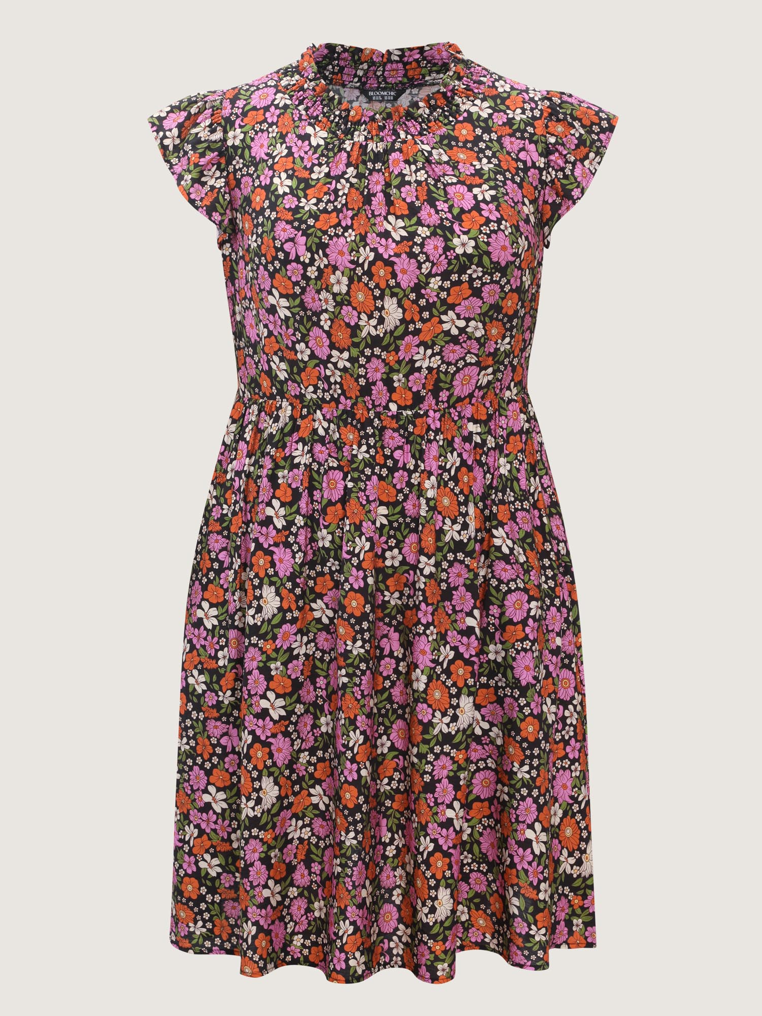 Chic Floral Print Ruffled Mock Neckline Mini Dress