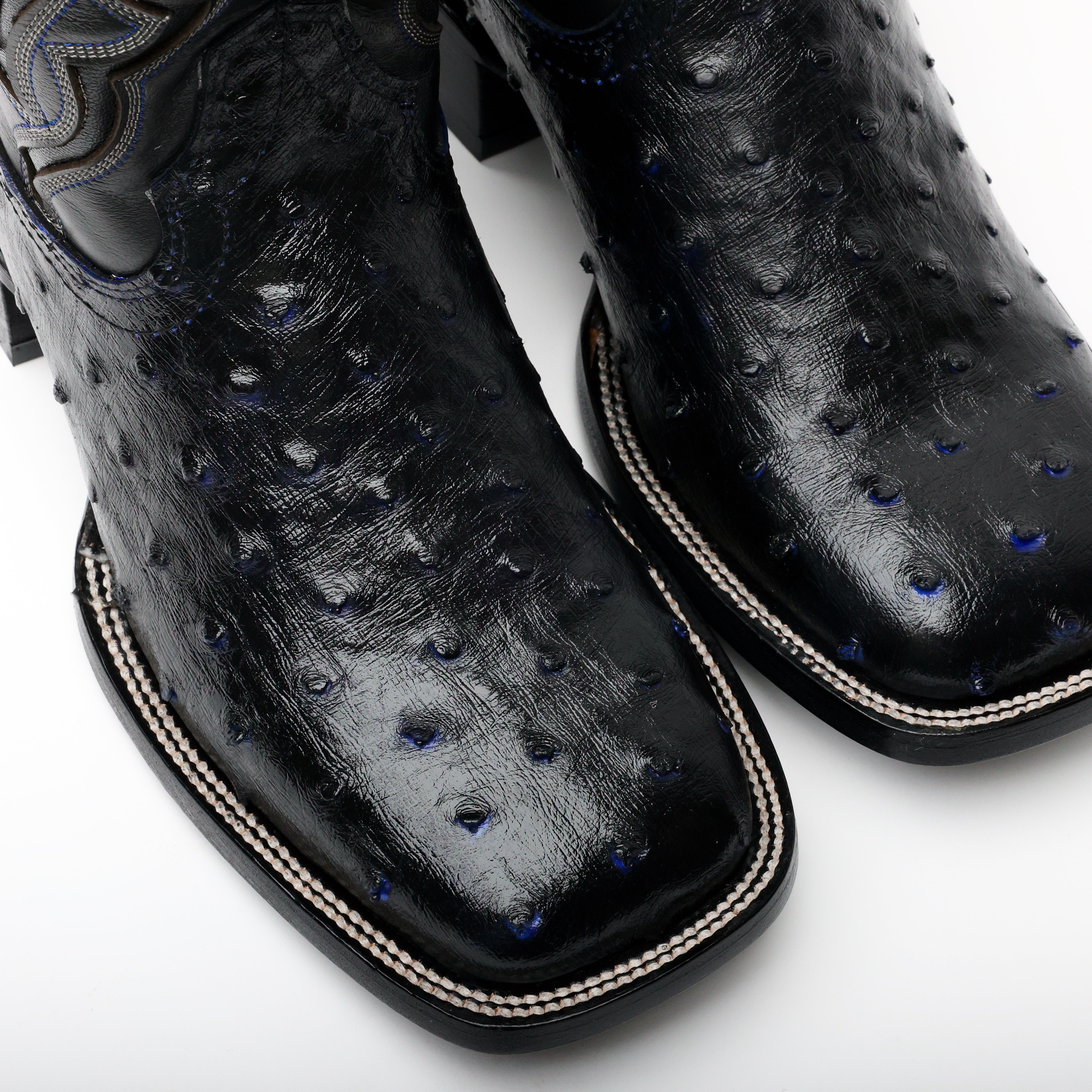 Black/Blue Ostrich Leather Boots - Square Toe
