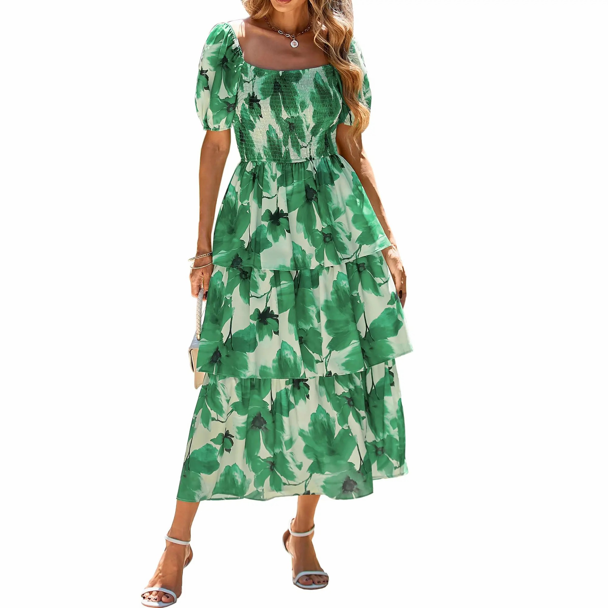 Women's Square Neck Smocked Dress with Puff Short Sleeve Floral Casual Ruffle Tiered Wedding Guest Dress