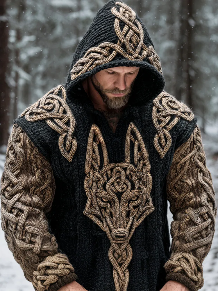 Viking Hellhound Celtic Knot Art Men's Hooded Knit Sweater