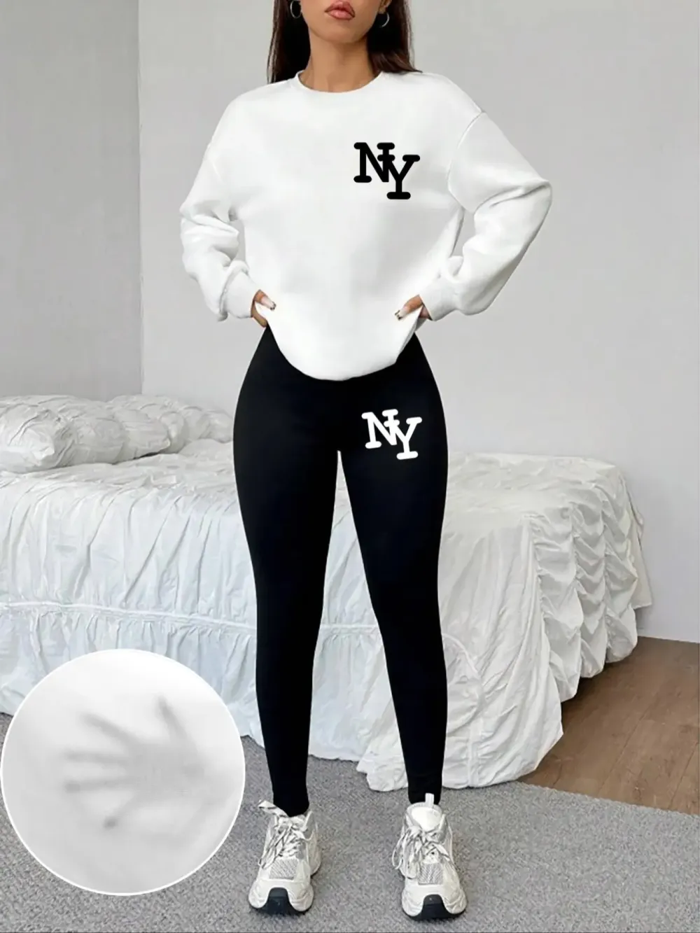 Women's 2-Piece Sweatshirt Set, Ny Letter Print, Round Neck Long Sleeve, Long Pants, Casual Fall Winter, Fitted Style